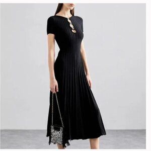 New Maje Roxou Rib Knit Midi Dress Black Parisian Chic Minimalist Short Sleeve L